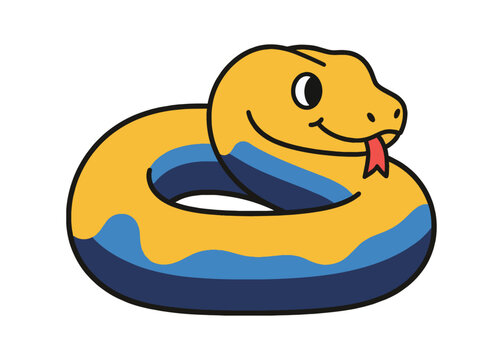 Friendly yellow and blue coiled snake mascot with a happy face