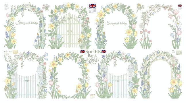 Spring floral wreaths with white picket fence