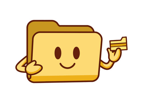 Happy yellow folder character organizing digital files and data