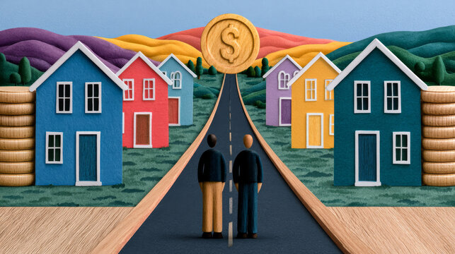 Second half business planning year end budget planning concept with two people standing on road between colorful houses and coin stacks under sunset sky