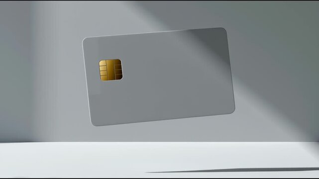 A blank white plastic credit card is shown floating on a surface. Shadows are visible as light hits the card and the background.