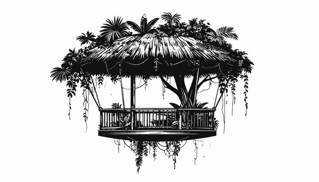 Tropical hut with thatched roof structure.
