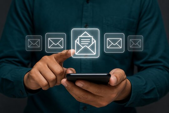 Hands holding smartphone with glowing email icons and envelope symbol above screen