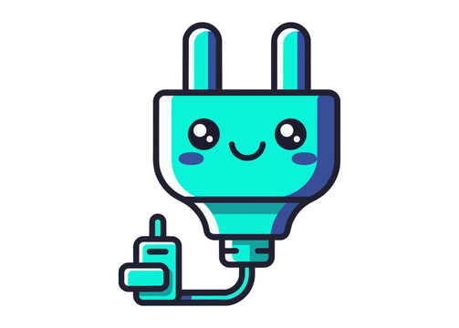 Kawaii smiling electrical plug character with power cable