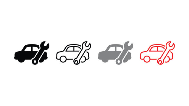 Four colored car icons with wrench and socket tool on transparent background
