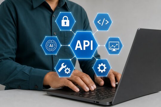 Software developer typing on laptop with api development icons floating above