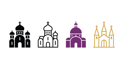 Four different colored church building icons in various architectural styles together © vector contributors