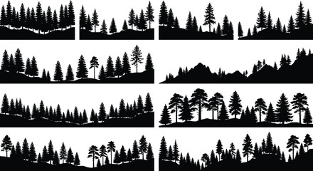 Fototapeta premium Forest Landscape Silhouette Border Collection Featuring Pine Trees, Mountain Horizons, and Woodland Scene Elements for Nature Vector Design