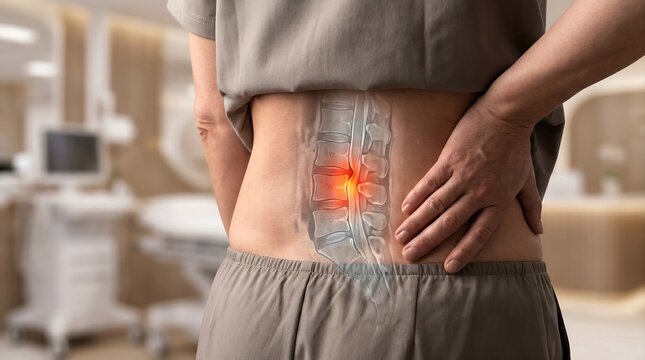 Person Experiencing Lumbar Spinal Stenosis with Anatomical Visualization of Lower Back Nerve Compression