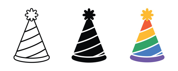 Colorful birthday party hat celebration accessory icon set with birthday