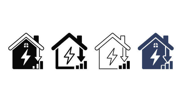 Four house icons with lightning bolts and decreasing energy consumption