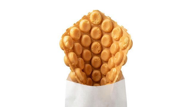 Delicious golden brown bubble waffle served in a white paper sleeve against a neutral background is perfect for snack or dessert concepts.