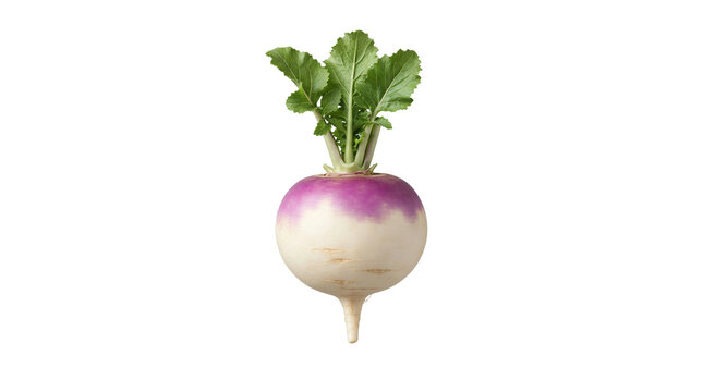 Fresh organic turnip vegetable with bright green leaves and purple skin shown against a plain grey studio background.