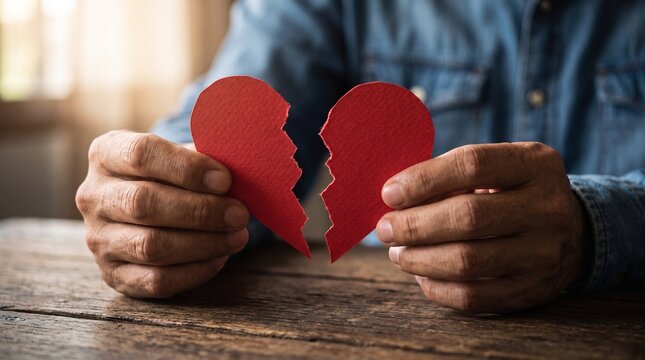 A person's hands hold two halves of a broken red paper heart on a wooden table, symbolizing heartbreak, loss, or the end of a relationship.