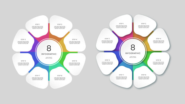  8-step circular infographic template collection set with colorful segmented layouts and modern design. For business presentations, workflows, processes, timelines, reports and data visualization.