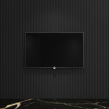Modern Living Room TV Wall Mockup with Black Vertical Wooden Slats. 7