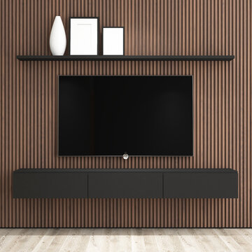 Modern Living Room TV Wall Mockup with Wooden Slats and Floating Black Console. 9