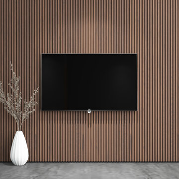 Modern Living Room TV Wall Mockup with Vertical Wooden Slats. 10