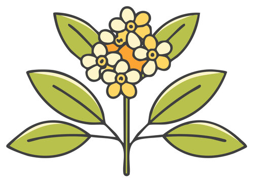 Simple line art vector illustration of primrose flowers with green leaves for spring design