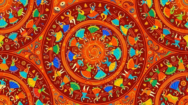 Traditional indian folk dancers in circular pattern on red background