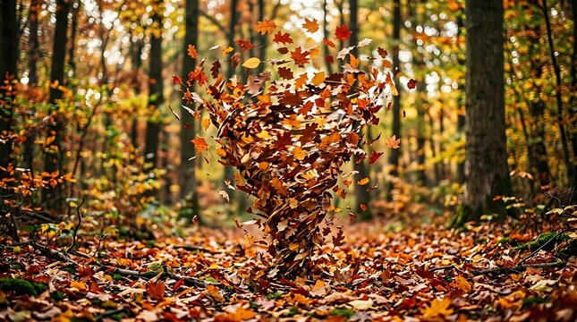 Tornado of autumn leaves swirling in a golden forest