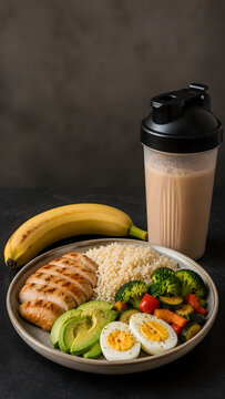 High protein chicken and rice bulking meal with avocado, eggs, vegetables, banana and a recovery shake on a dark surface.