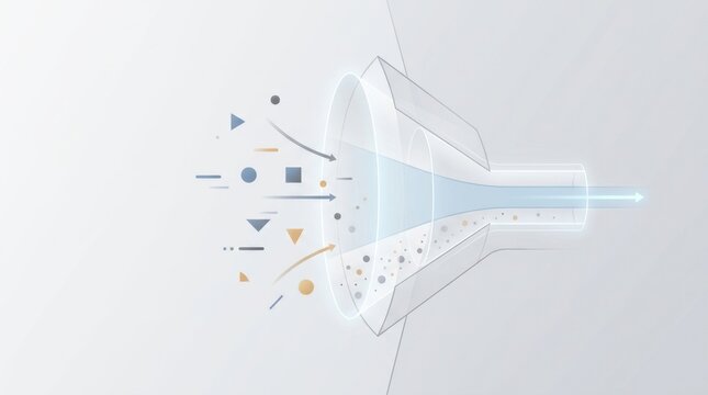 Data filtering process with multiple inputs, translucent funnel, clean output stream and copy space for enterprise technology presentation header