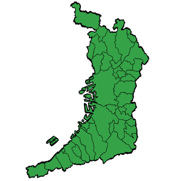 大阪府地図 市町村区分 緑色 筆タッチ 和風 西日本 / A brushstroke map of Osaka Prefecture / green