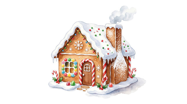 Cute Christmas gingerbread house watercolor illustration for winter holiday greeting cards and textile patterns
