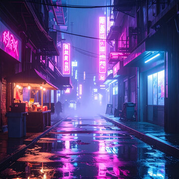 Futuristic alleyway at night with neon graffiti and a robotic vendor on a wet street.