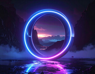 Glowing neon orb portal shines bright in a futuristic landscape with mountains.