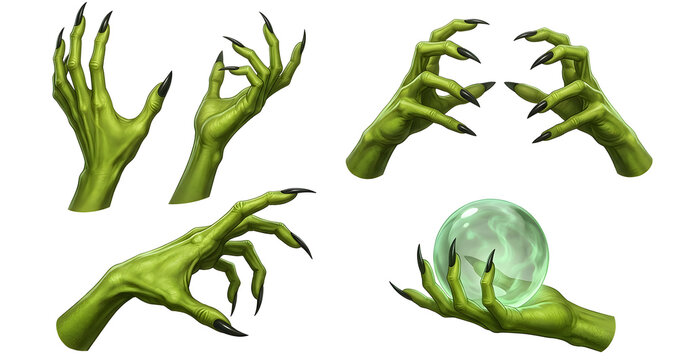 Set of green monster hands with claws and magic crystal ball in pixel art style