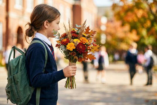 Back to school. Schoolgirl with a bouquet of autumn flowers on the first day of school. New academic year.