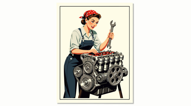 Rosie the Riveter Mechanic Woman Fixing Car Engine with Wrench Retro Style