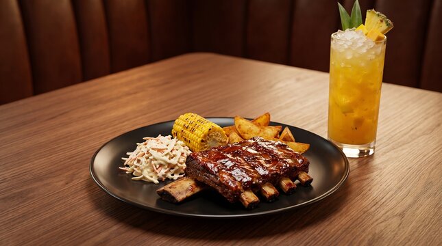 Delicious grilled ribs plate with coleslaw and pineapple cocktail