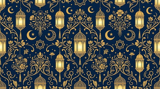 Seamless islamic pattern with golden lanterns and crescent moons