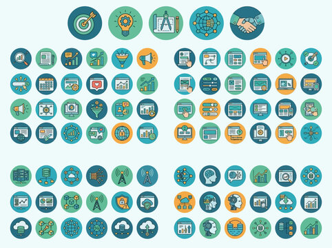 A vibrant collection of various icons representing different industries and concepts arranged in rows on a light blue background