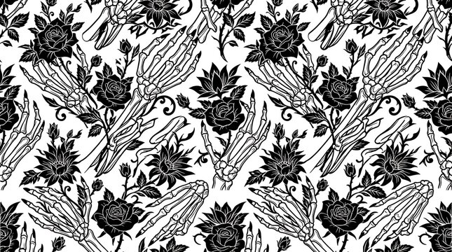 Seamless gothic pattern of skeleton hands holding roses