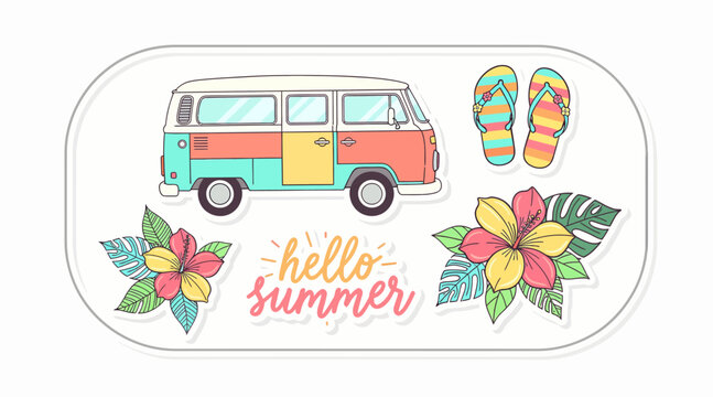 Retro Van, Flip Flops, Tropical Flowers, Hello Summer Text: Summer Vibes Illustration