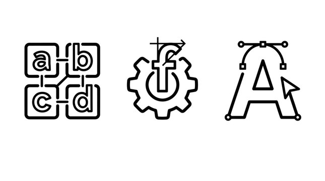 Graphic design vector icon set featuring typography tools font editing and software settings typography alphabet software settings interface creative adjustment customization branding