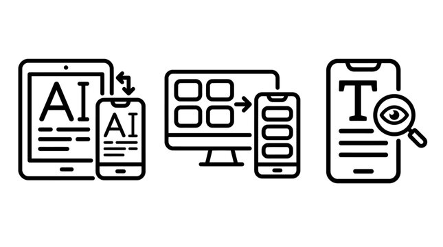 Mobile app and AI text editing interface icons representing responsive design and content review with interface responsive smartphone magnifier proofreading typography technology development