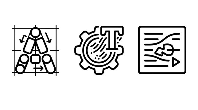 Technical typography design icons set showing letter construction gear mechanism and document layout with typography technical construction mechanism document workflow development alphabet