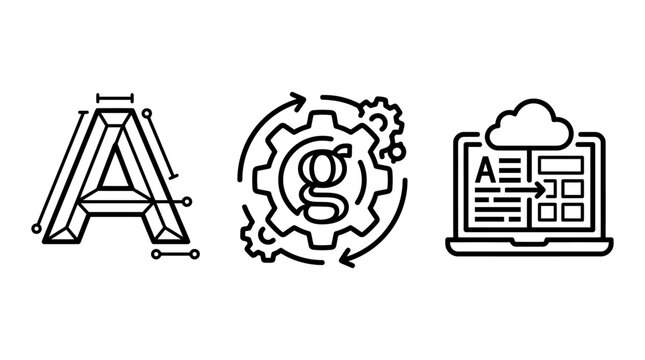 Digital typography and content management systems icons set with typography lettering typesetting settings document creative software interface formatting publishing technology development