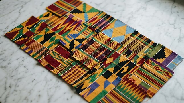 Vibrant african kente cloth swatches on white marble