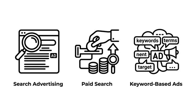 Search advertising and paid keyword targeted promotion marketing strategy icons with advertising marketing targeted promotion business strategy technology campaign communication internet