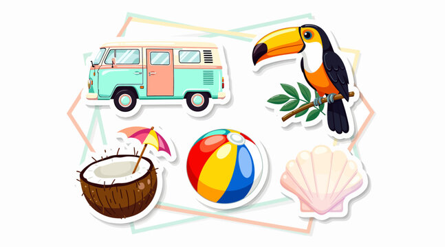 Retro Camper Van, Toucan, Beach Ball, Coconut, Seashell - Summer Vacation Fun