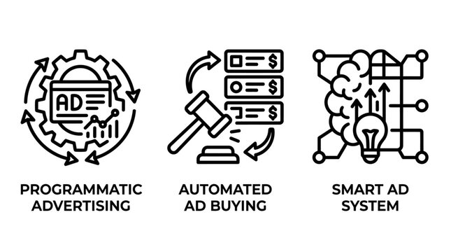 Digital marketing strategy icons set showing programmatic advertising and automated ad buying systems with programmatic advertising automation marketing business technology strategy management