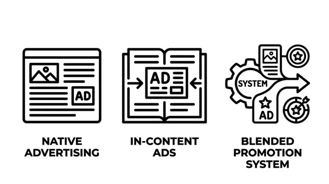 Native advertising and blended content promotion system strategy icons with advertising marketing promotion business strategy technology campaign communication internet graphics commercial