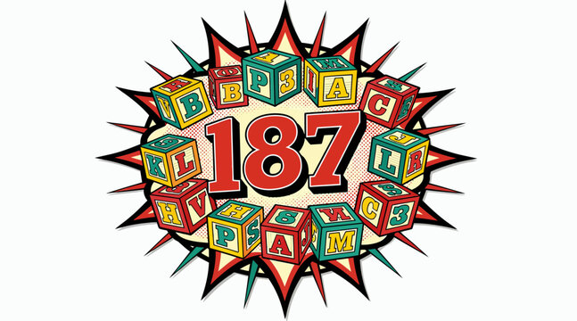 Retro comic style "187" number surrounded by alphabet blocks and starburst