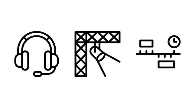 Technical support headset spotlight equipment and project timeline task tracking icons with technical spotlight lighting equipment timeline schedule projects management tracking business